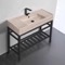 Modern Beige Travertine Design Ceramic Console Sink and Matte Black Base, 40